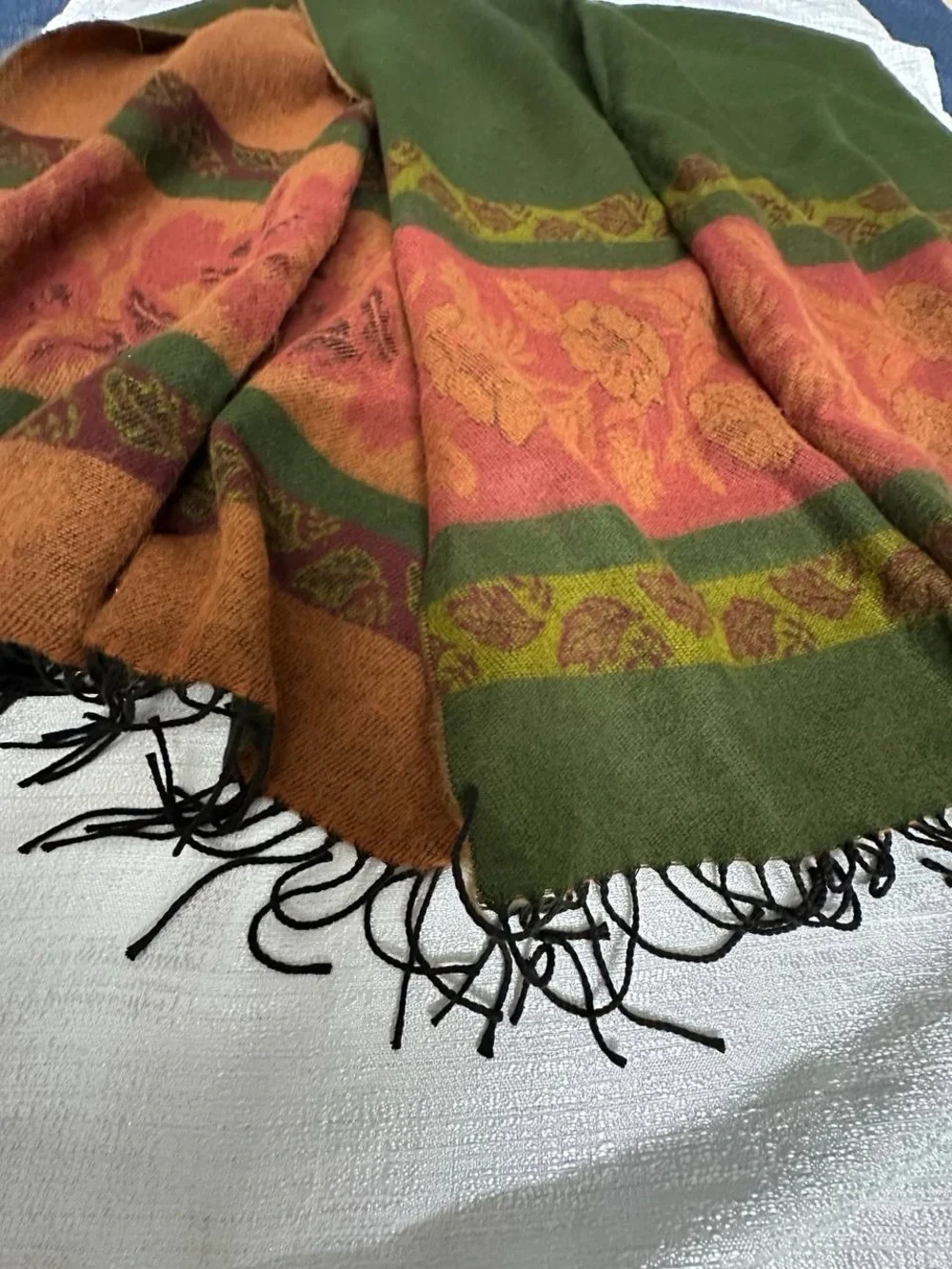 Rust Floral Border Wool Blend Scarf Wrap with Green Accents
